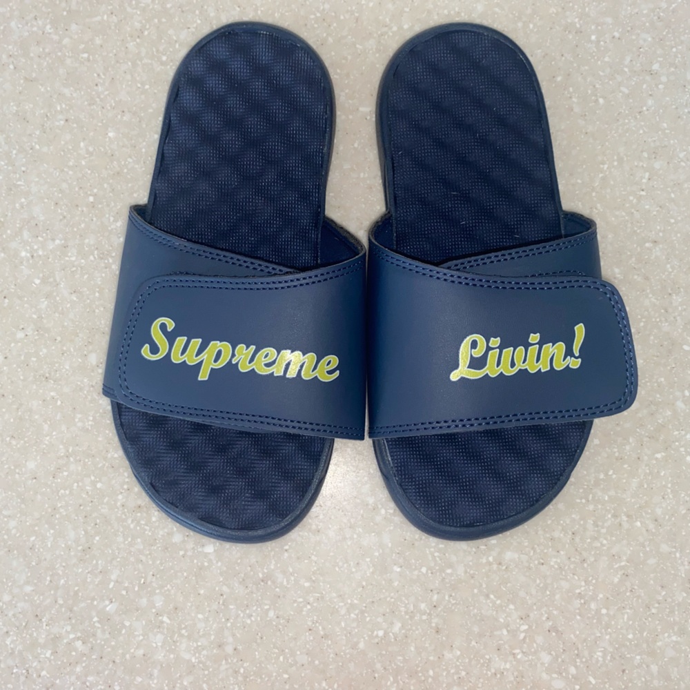 Islide Custom Mantra Slides - Supreme Livin! - Navy Blue Sz 4 - NWOT